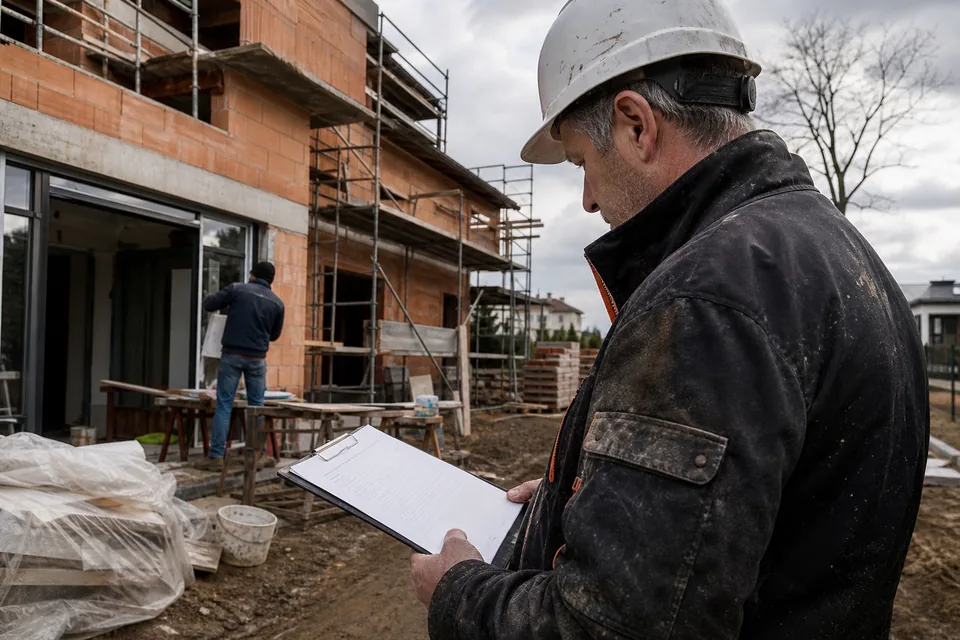Kierownik budowy sprawdza protokół odbioru na placu budowy