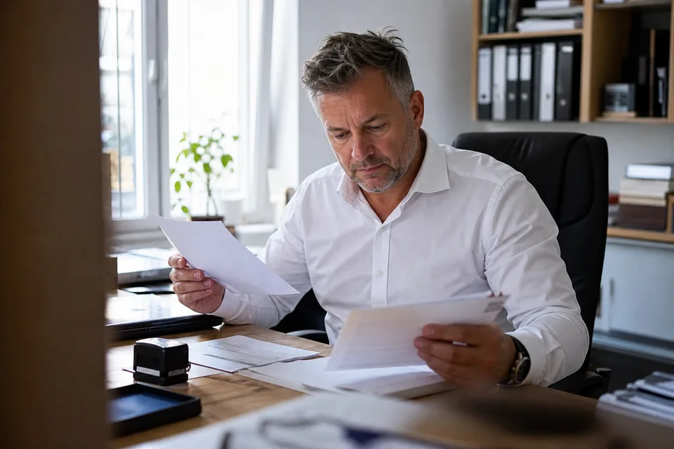 Dyrektor finansowy firmy przegląda przy biurku podpisane uznanie długu i fakturę z potwierdzeniem odbioru przed złożeniem pozwu