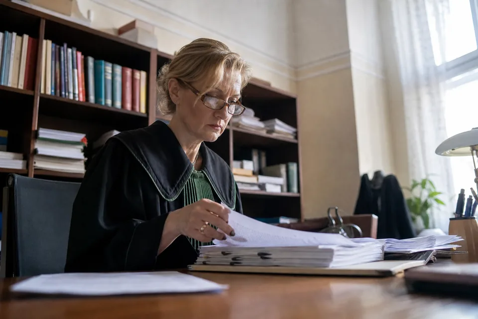 Właścicielka firmy i prawnik omawiają przy stole dokumenty sprawy sądowej