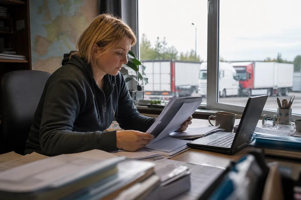 Właścicielka polskiej firmy transportowej przegląda przy laptopie listy przewozowe i niezapłacone faktury dla odbiorcy z Niemiec