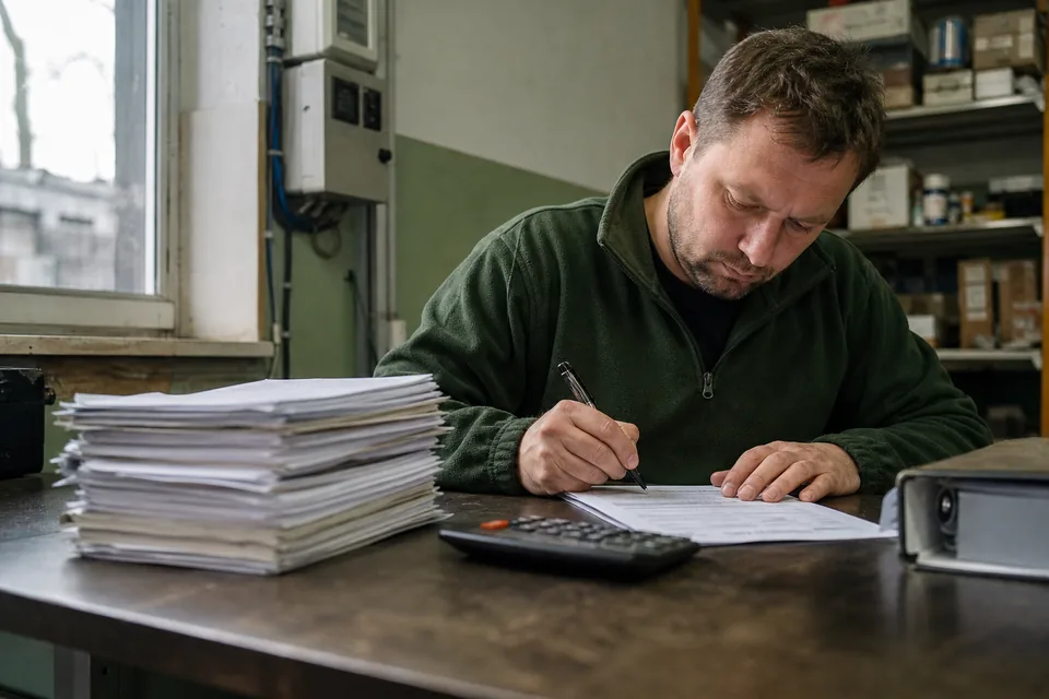 Właściciel firmy wypełnia formularz zgłoszenia wierzytelności przy stosie niezapłaconych faktur