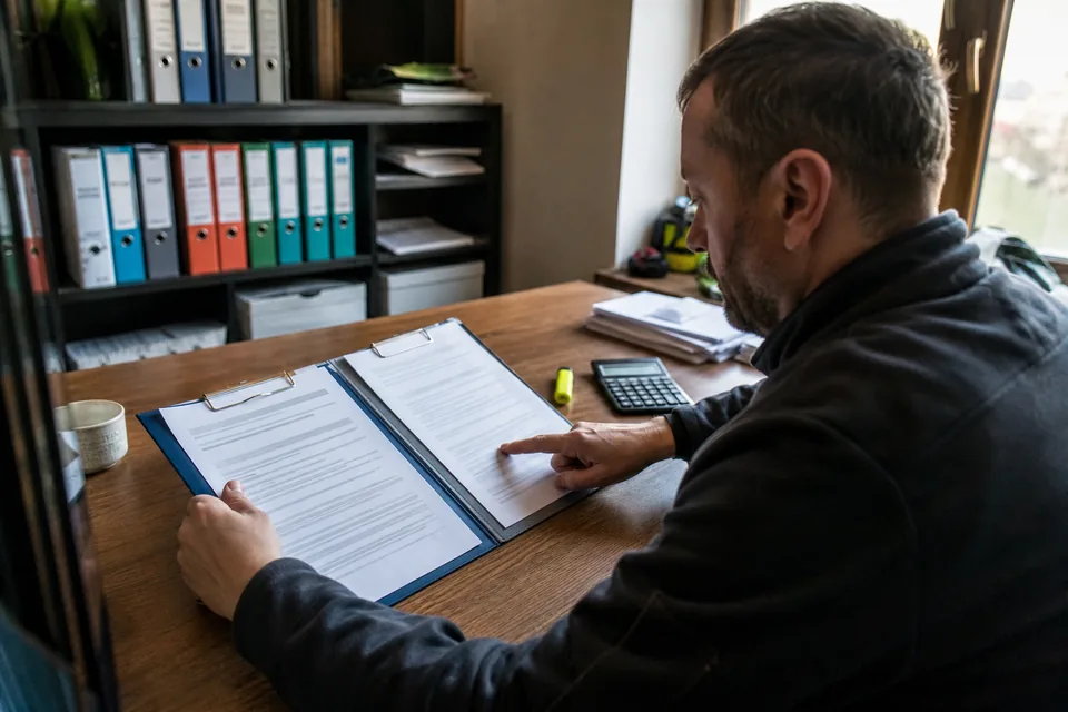 Właściciel firmy porównuje przy stole dwie oferty odzyskania długu z zakreślaczem i kalkulatorem obok niezapłaconej faktury