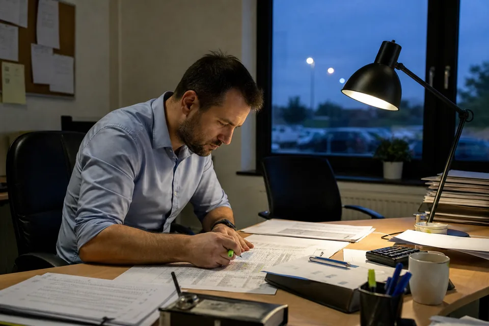 Analityk finansowy sprawdza dokumenty dłużnika przy laptopie wieczorem